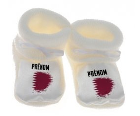 Chausson bébé Drapeau effet pinceau Qatar avec prénom de couleur Blanc