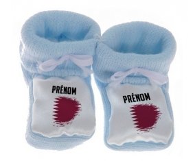 Chausson bébé Drapeau effet pinceau Qatar avec prénom de couleur Bleu