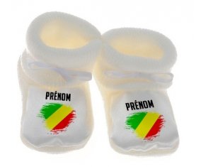 Chausson bébé Drapeau effet pinceau République du Congo avec prénom de couleur Blanc