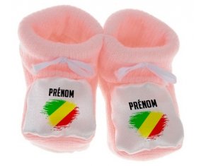 Chausson bébé Drapeau effet pinceau République du Congo avec prénom de couleur Rose