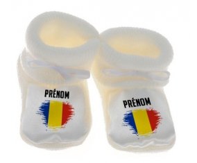 Chausson bébé Drapeau effet pinceau Roumanie avec prénom de couleur Blanc