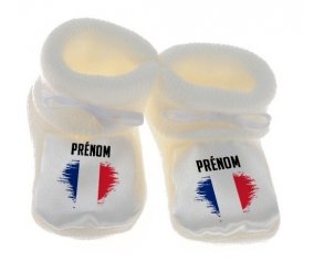 Chausson bébé Drapeau effet pinceau île de la Réunion avec prénom de couleur Blanc