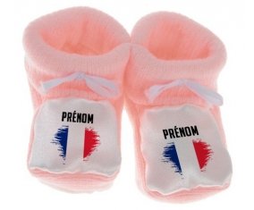 Chausson bébé Drapeau effet pinceau île de la Réunion avec prénom de couleur Rose