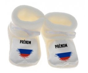 Chausson bébé Drapeau effet pinceau Russie avec prénom de couleur Blanc