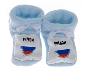 Chausson bébé Drapeau effet pinceau Russie avec prénom de couleur Bleu