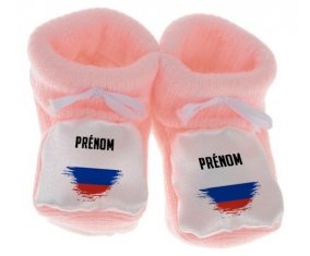 Chausson bébé Drapeau effet pinceau Russie avec prénom de couleur Rose
