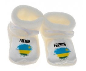 Chausson bébé Drapeau effet pinceau Rwanda avec prénom de couleur Blanc