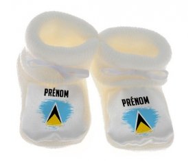 Chausson bébé Drapeau effet pinceau Sainte-Lucie avec prénom de couleur Blanc