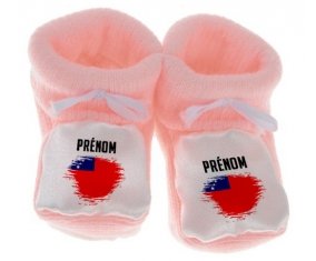 Chausson bébé Drapeau effet pinceau Samoa avec prénom de couleur Rose
