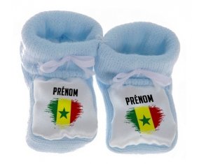 Chausson bébé Drapeau effet pinceau Sénégal avec prénom de couleur Bleu