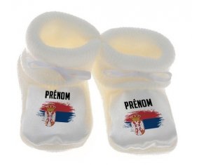 Chausson bébé Drapeau effet pinceau Serbie avec prénom de couleur Blanc