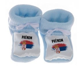 Chausson bébé Drapeau effet pinceau Serbie avec prénom de couleur Bleu