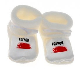 Chausson bébé Drapeau effet pinceau Singapour avec prénom de couleur Blanc