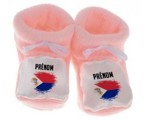 Chausson bébé Drapeau effet pinceau Sint Maarten avec prénom de couleur Rose