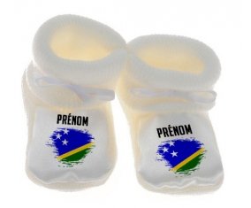 Chausson bébé Drapeau effet pinceau îles Salomon avec prénom de couleur Blanc