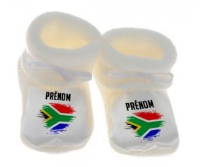 Chausson bébé Drapeau effet pinceau Afrique du Sud avec prénom de couleur Blanc