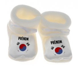 Chausson bébé Drapeau effet pinceau Corée du Sud avec prénom de couleur Blanc
