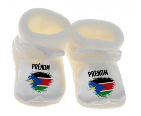 Chausson bébé Drapeau effet pinceau Soudan du sud avec prénom de couleur Blanc