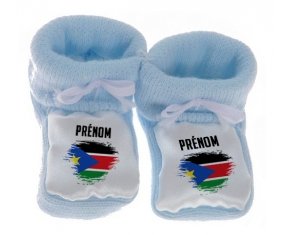 Chausson bébé Drapeau effet pinceau Soudan du sud avec prénom de couleur Bleu