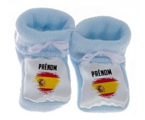 Chausson bébé Drapeau effet pinceau Espagne avec prénom de couleur Bleu