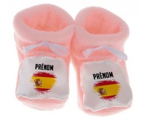Chausson bébé Drapeau effet pinceau Espagne avec prénom de couleur Rose