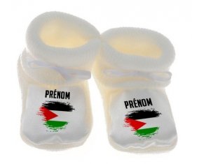 Chausson bébé Drapeau effet pinceau État de Palestine avec prénom de couleur Blanc