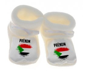 Chausson bébé Drapeau effet pinceau Soudan avec prénom de couleur Blanc