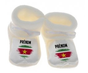 Chausson bébé Drapeau effet pinceau Suriname avec prénom de couleur Blanc