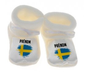 Chausson bébé Drapeau effet pinceau Suède avec prénom de couleur Blanc