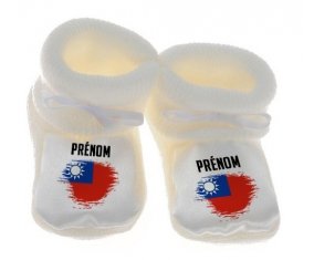 Chausson bébé Drapeau effet pinceau Taïwan avec prénom de couleur Blanc