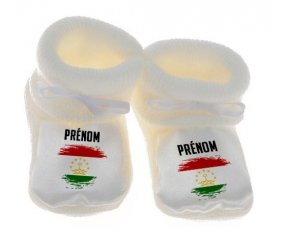 Chausson bébé Drapeau effet pinceau Tadjikistan avec prénom de couleur Blanc