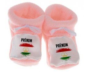 Chausson bébé Drapeau effet pinceau Tadjikistan avec prénom de couleur Rose