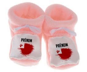 Chausson bébé Drapeau effet pinceau Tonga avec prénom de couleur Rose