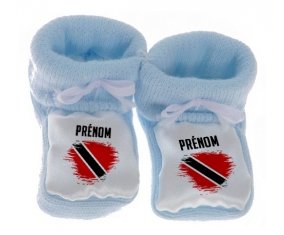 Chausson bébé Drapeau effet pinceau Trinité-et-Tobago avec prénom de couleur Bleu