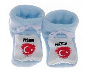 Chausson bébé Drapeau effet pinceau Turquie avec prénom de couleur Bleu