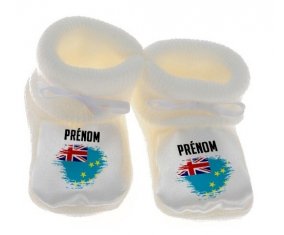 Chausson bébé Drapeau effet pinceau Tuvalu avec prénom de couleur Blanc