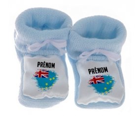 Chausson bébé Drapeau effet pinceau Tuvalu avec prénom de couleur Bleu