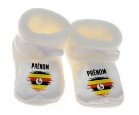 Chausson bébé Drapeau effet pinceau Ouganda avec prénom de couleur Blanc