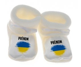 Chausson bébé Drapeau effet pinceau Ukraine avec prénom de couleur Blanc