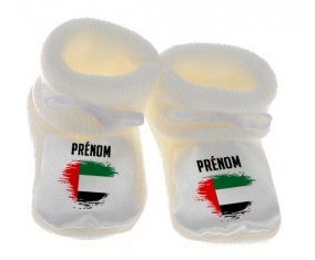 Chausson bébé Drapeau effet pinceau Emirats Arabes Unis avec prénom de couleur Blanc