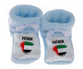 Chausson bébé Drapeau effet pinceau Emirats Arabes Unis avec prénom de couleur Bleu