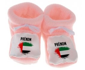 Chausson bébé Drapeau effet pinceau Emirats Arabes Unis avec prénom de couleur Rose