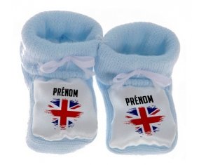 Chausson bébé Drapeau effet pinceau Royaume-Uni avec prénom de couleur Bleu