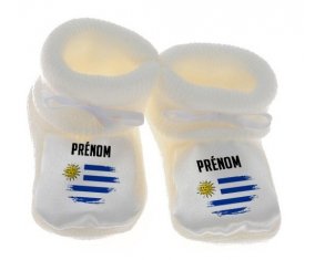 Chausson bébé Drapeau effet pinceau Uruguay avec prénom de couleur Blanc