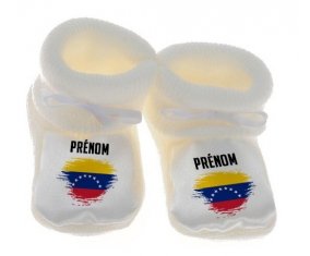 Chausson bébé Drapeau effet pinceau Venezuela avec prénom de couleur Blanc