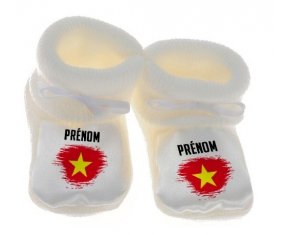 Chausson bébé Drapeau effet pinceau Vietnam avec prénom de couleur Blanc