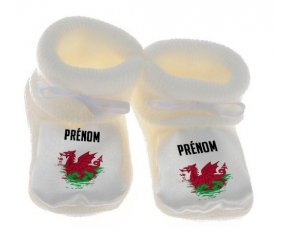 Chausson bébé Drapeau effet pinceau Pays de Galles avec prénom de couleur Blanc