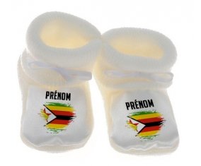 Chausson bébé Drapeau effet pinceau Zimbabwe avec prénom de couleur Blanc