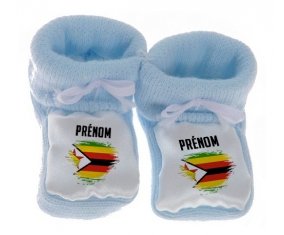 Chausson bébé Drapeau effet pinceau Zimbabwe avec prénom de couleur Bleu