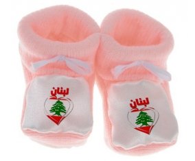 Chausson bébé Liban en arabe + cœur de couleur Rose